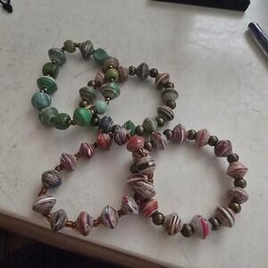 Handmade Paper Bead Stretch Bracelet Set of 3 Multi Color Eco Friendly Boho